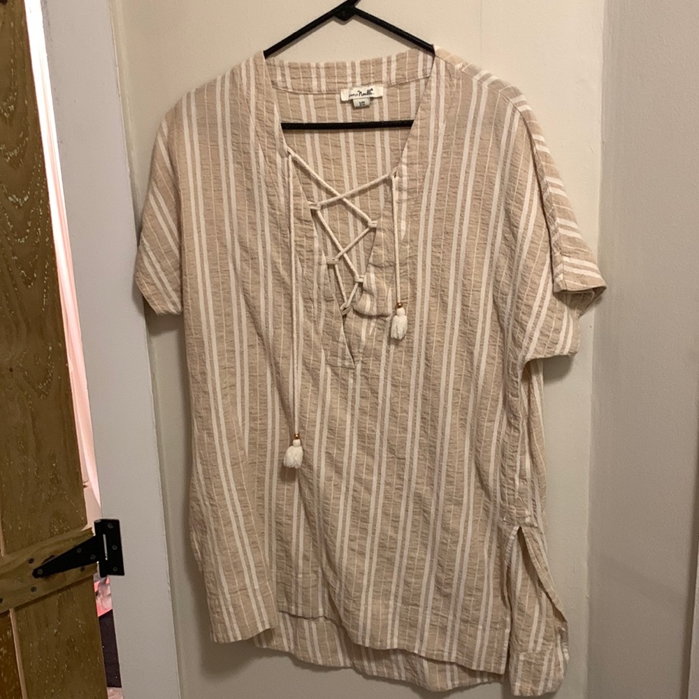 Cream & white stripe long shirt/cover up. Perfect for the lake or the beach.